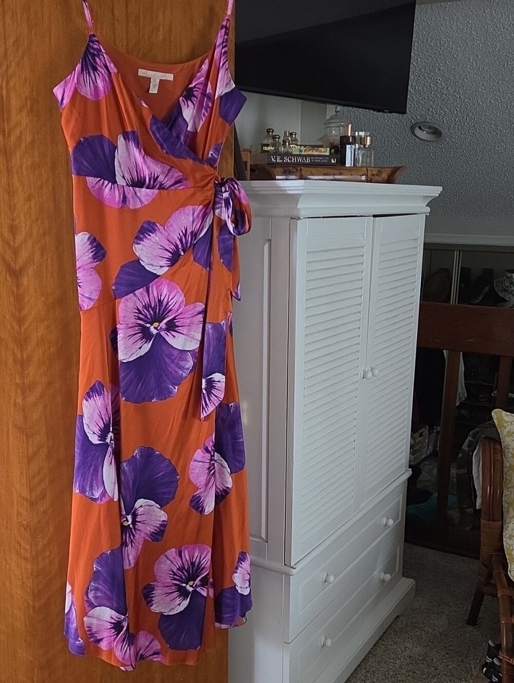 Anthropologie Hutch Orange Maxi Wrap Dress with Purple Pansy Floral Print